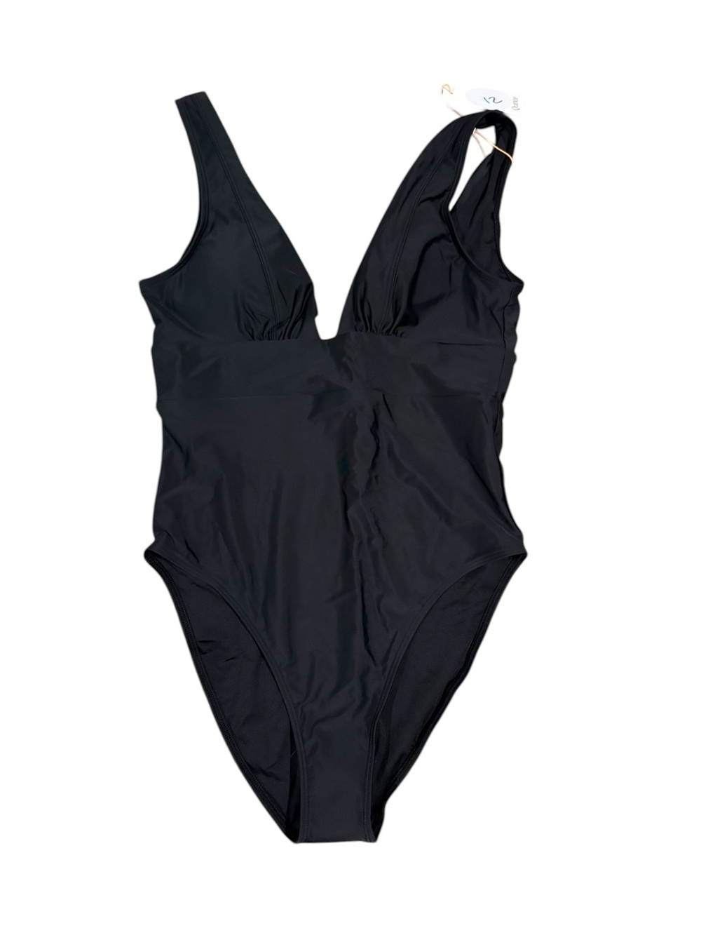 Quince sz L Classic Black One-Piece Swimsuit - V-Neck Women's Swim